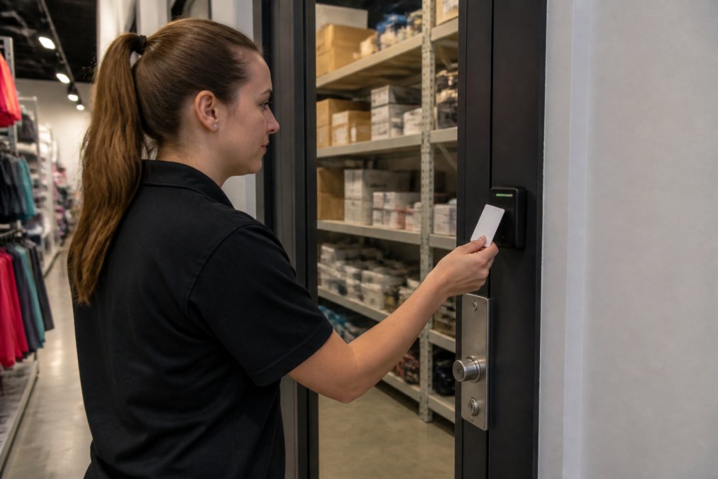 Retail employee using a proximity card reader at an electronic door lock to enter a secure stockroom, with the reader mounted at eye level on a modern glass door frame in a well-lit retail environment