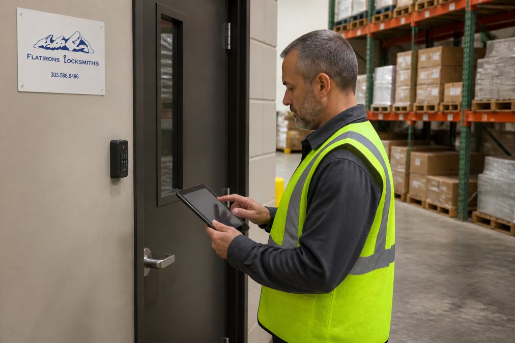 Warehouse manager using a tablet to monitor commercial access control for small warehouse inventory security.