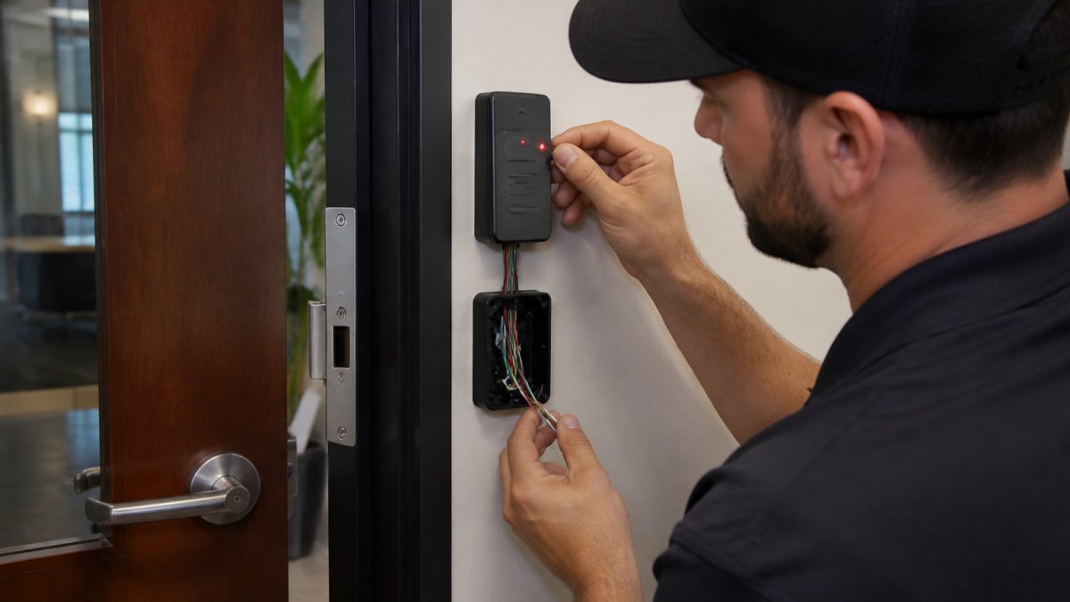 Technician installing card reader and electric strike lock on commercial office door frame, hands-on installation work showing wiring connections and door hardware integration