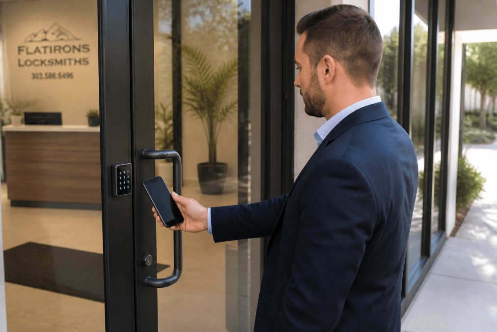 Business owner using a smartphone for commercial access control at a modern office glass door
