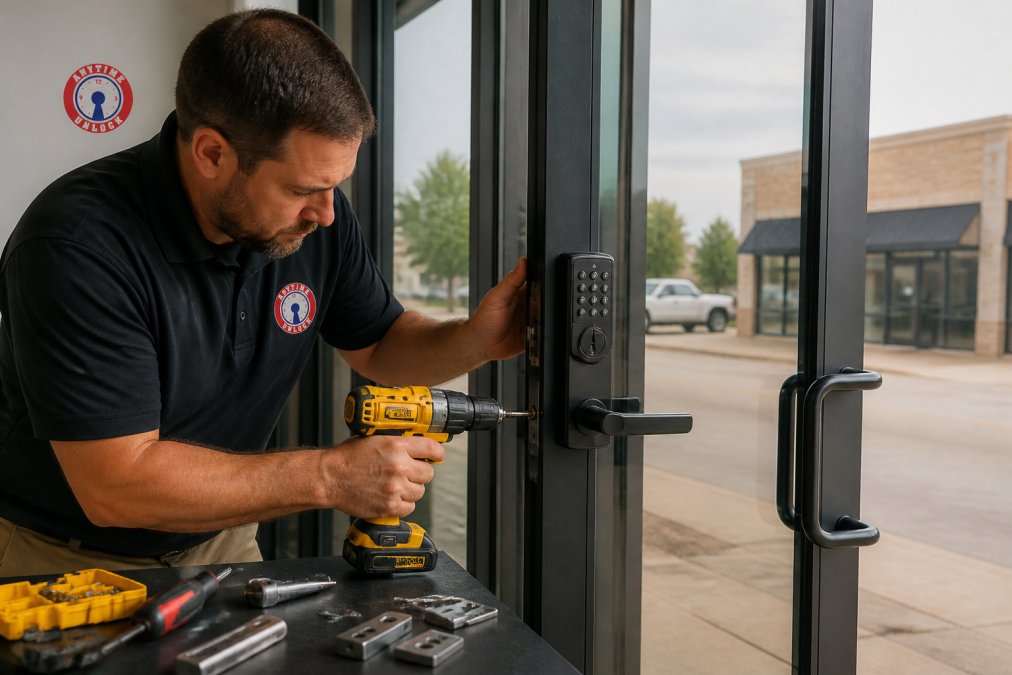 Locksmith installing a keyless entry system for business access control on a glass door