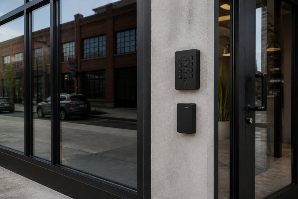 A modern commercial storefront in an urban warehouse district with a visible keypad and proximity reader near the entrance door
