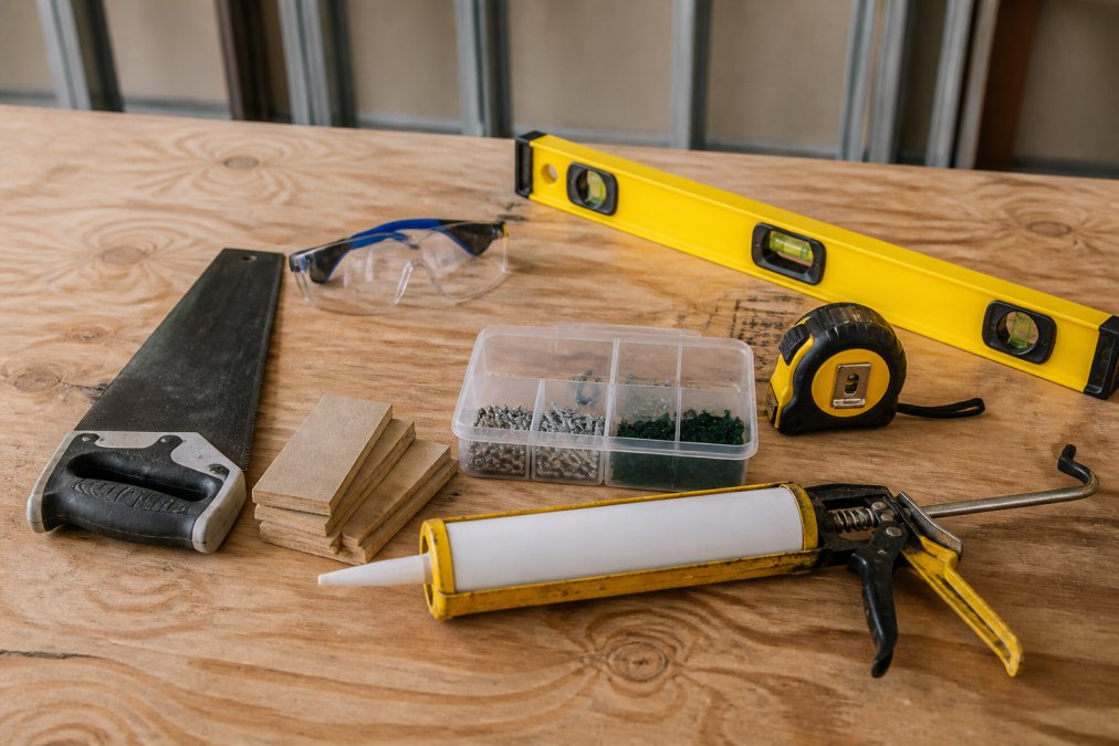 Contractor laying out essential installation tools on a wooden workbench including drywall saw, level, tape measure, safety goggles, fasteners, shims, and sealant tube in organized arrangement