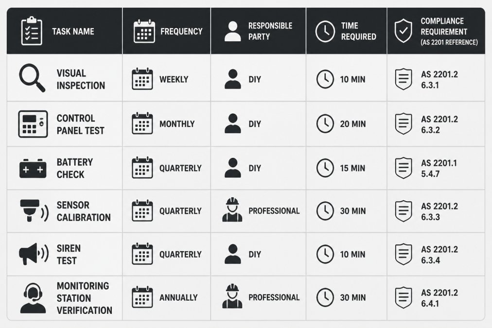 Matrix chart detailing commercial alarm system maintenance tasks, frequencies, and compliance requirements.