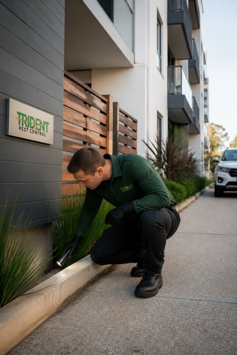 A professional pest control technician in uniform inspecting the exterior perimeter of a multi-storey apartment building in Melbourne during daylight
