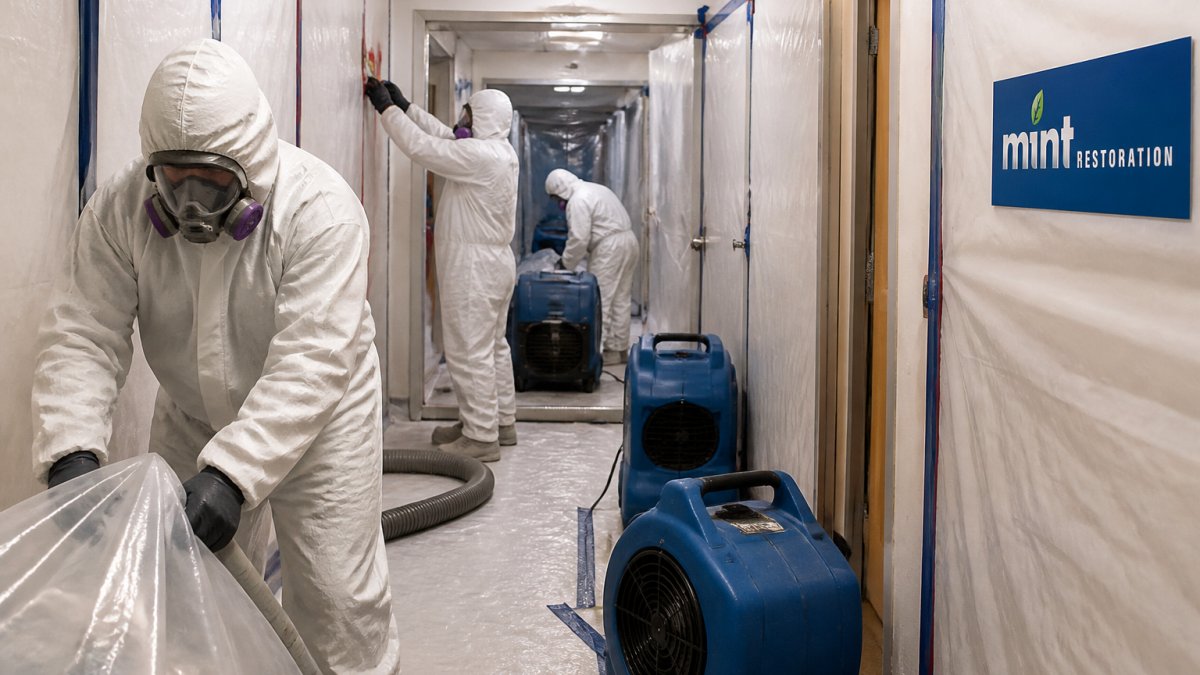 Technicians in protective gear performing commercial asbestos removal services Yuma AZ in a sealed building corridor.