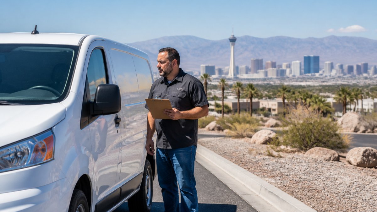 A small business owner in Las Vegas standing beside a work van with company branding, holding a clipboard and looking at the vehicle, with a desert landscape and city skyline in the background
