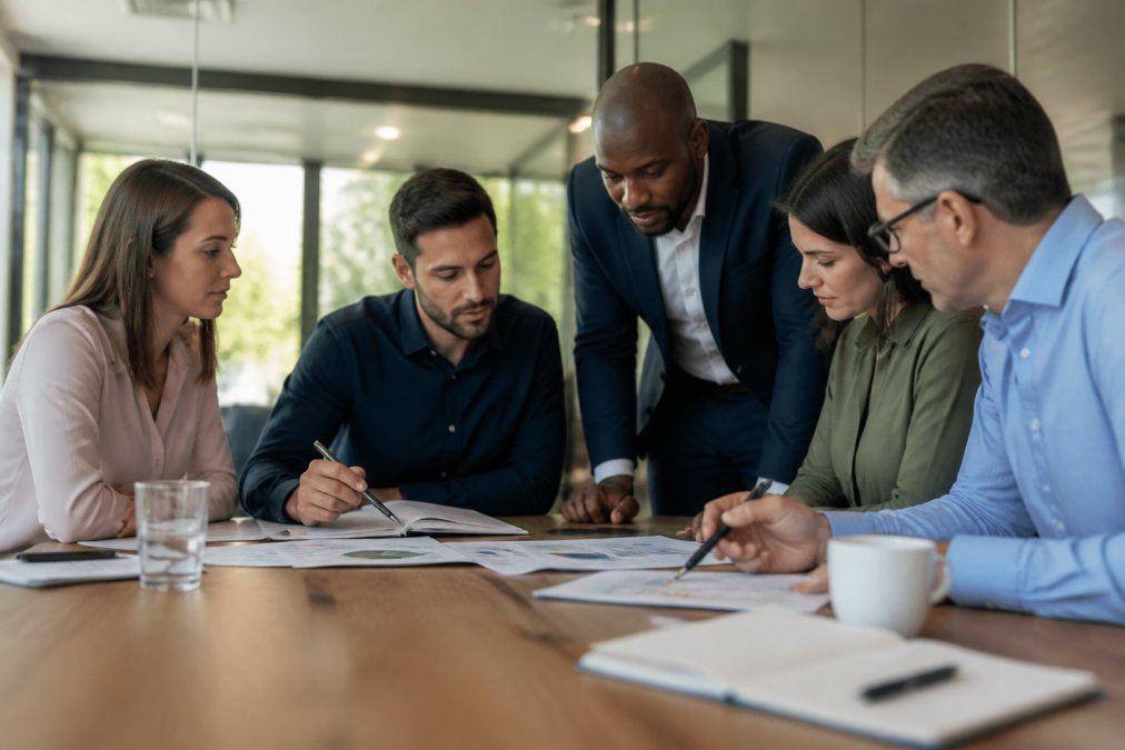 Diverse team of managers and professionals in a modern office meeting room, reviewing financial reports and business metrics together on a table, engaged in discussion