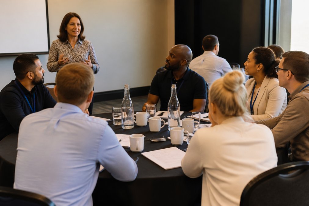 Diverse group of managers engaged in discussion during an in-person workshop, seated around a table with notepads and coffee cups, with a trainer facilitating at the front