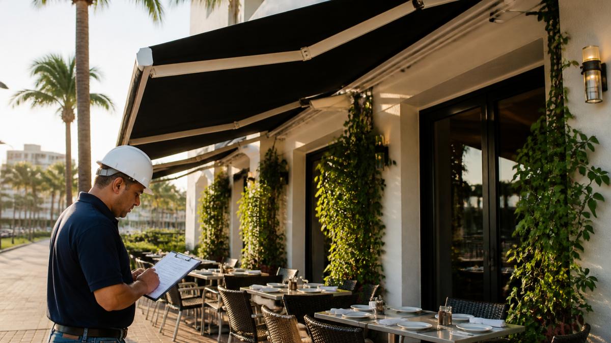 A restaurant patio in South Florida with a large custom commercial awning shading outdoor dining tables, an inspector in a hard hat reviewing a clipboard near the building entrance, late afternoon sunlight