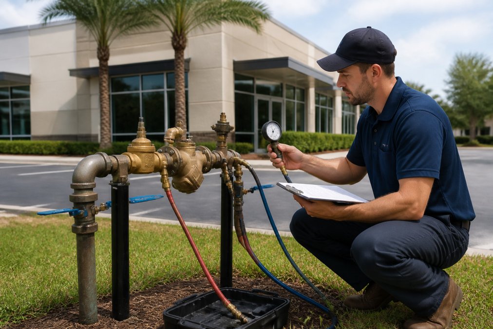 Certified technician using a gauge to perform a backflow prevention test on a commercial assembly.