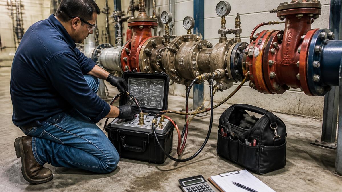 A certified backflow tester in safety gear using a test kit on a large commercial backflow assembly in a mechanical room, with pipes and valves visible