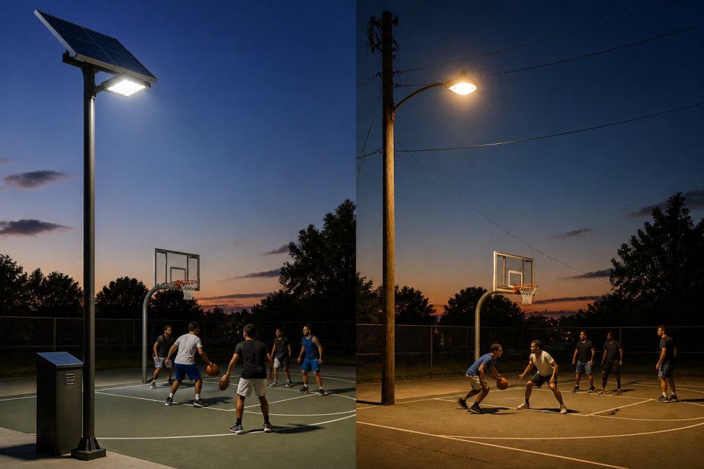 Players on an outdoor basketball court illuminated by solar court lighting at dusk