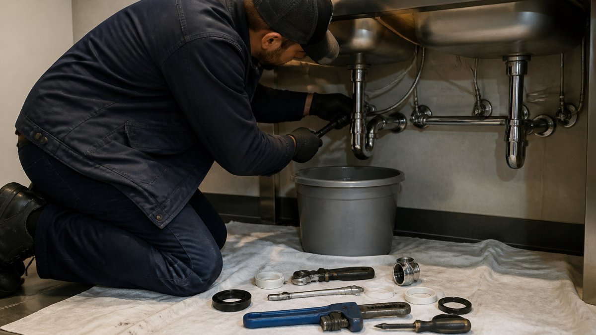 Maintenance technician using a basin wrench to tighten a bathroom sink drain tailpiece under a vanity.