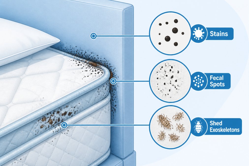 Close-up of mattress seam and headboard showing dark stains, fecal spots, and shed exoskeletons indicating bed bug harborage areas in a commercial property