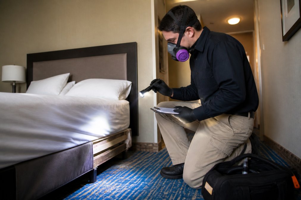 Licensed pest control technician in uniform and protective gear conducting thorough inspection of hotel room with professional equipment, clipboard, and documentation materials visible