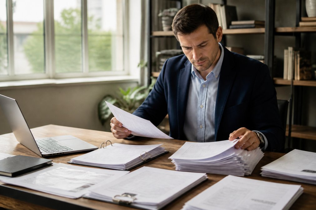 Business owner or investor sitting at wooden desk organizing financial documents, tax returns, and property files with laptop showing document checklist, natural office lighting streaming through windows