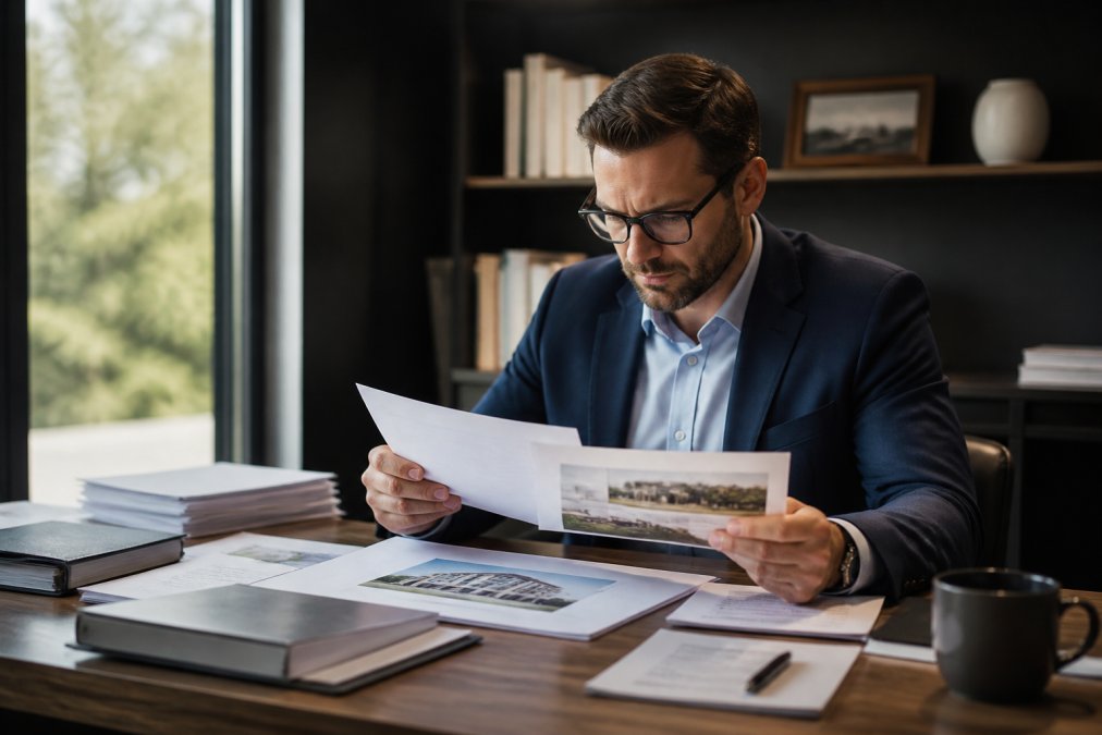 Professional loan officer or underwriter in modern office reviewing property appraisal documents and financial statements on desk with computer monitor, organized files, and professional lighting