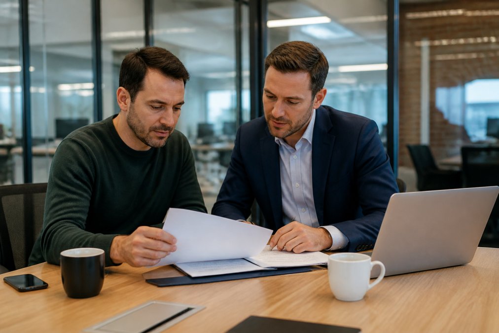 A real estate investor and a lender reviewing a term sheet and closing documents at a conference table in a modern office, laptop open and coffee cups on the table, focused professional atmosphere