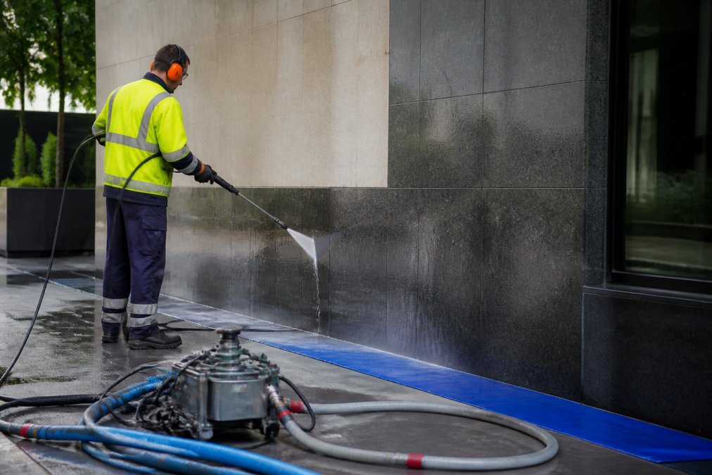 A professional technician in high-visibility clothing and safety gear pressure cleaning the lower exterior wall of a modern commercial building, with a water reclamation system visible on the ground