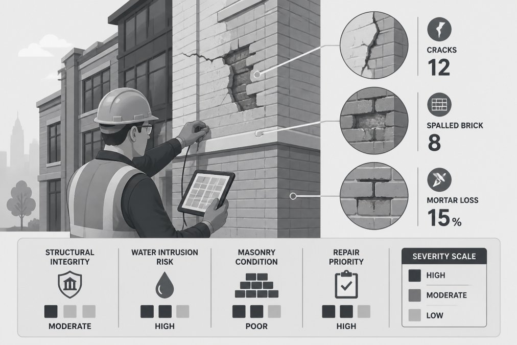 Commercial building exterior showing visible facade damage with cracked masonry and deteriorated brick, contractor in safety equipment examining the wall surface with professional tools