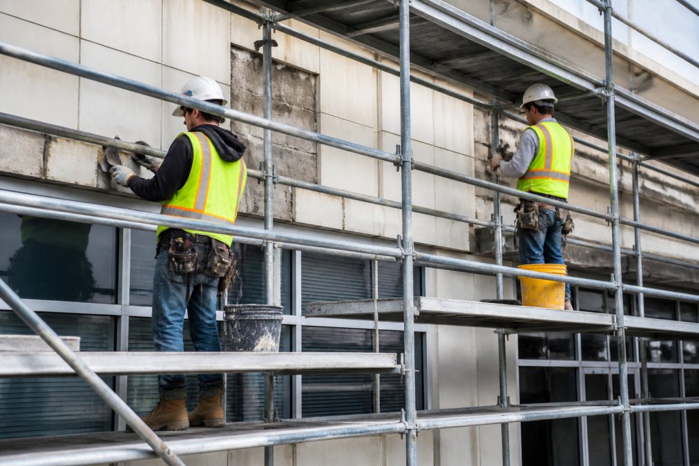 Professional contractor team on exterior scaffolding performing building repairs, safety equipment and tools visible, building facade in background