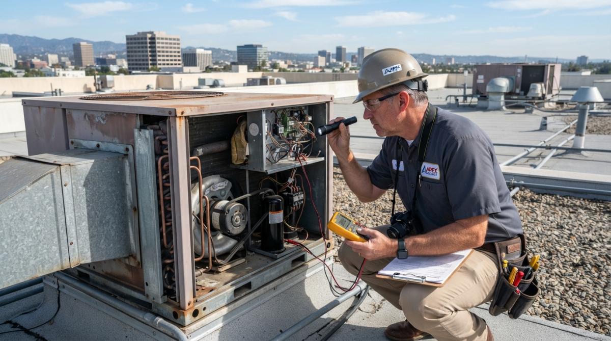 Licensed commercial building inspector using thermal imaging camera and moisture meter to examine HVAC systems and electrical panels in commercial property