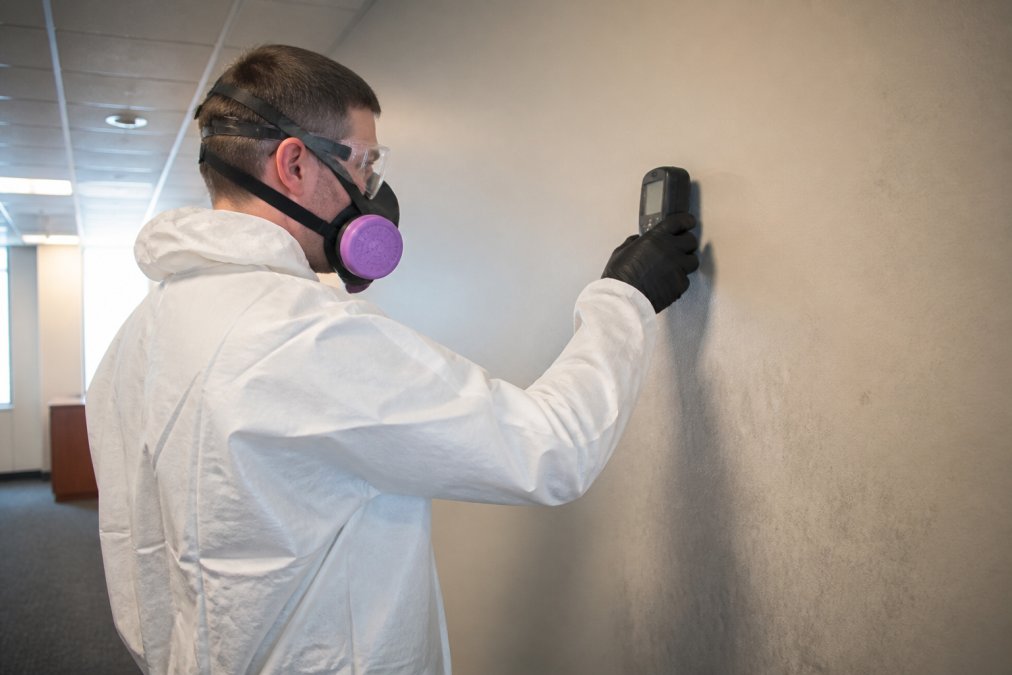 Certified inspector using a thermal camera to find moisture for mold inspection behind a commercial wall.