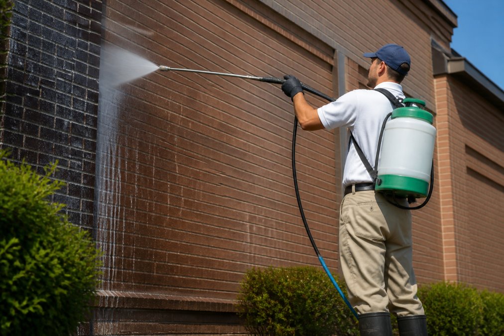 Professional pressure washing technician using soft wash equipment on commercial building exterior with biodegradable cleaning solution visible, bright natural lighting on brick facade
