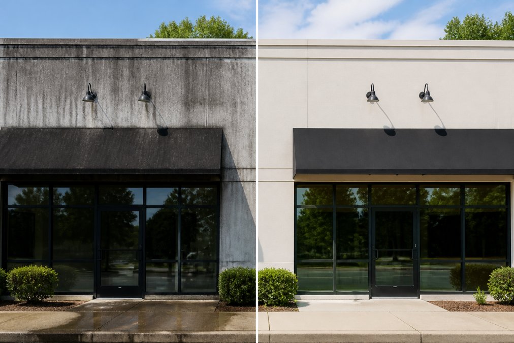 Commercial storefront before and after professional pressure washing Greenville cleaning, showing removal of dirt, mold, and stains from building facade, bright daylight on restored exterior