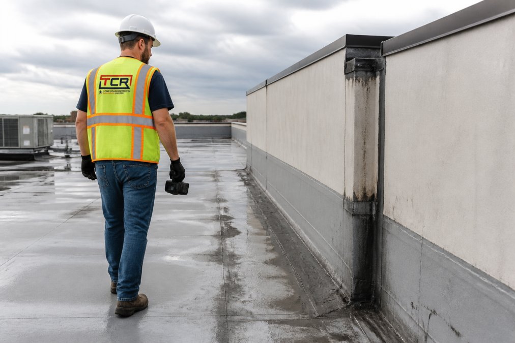 Technician in safety gear performing a roof leak investigation on a flat commercial membrane roof