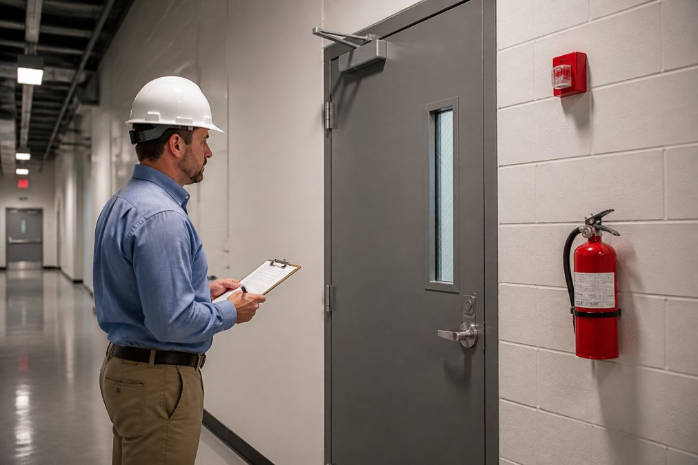 A facility manager wearing a hard hat inspects a fire-rated access door in a commercial corridor, holding a clipboard and noting details on a maintenance checklist