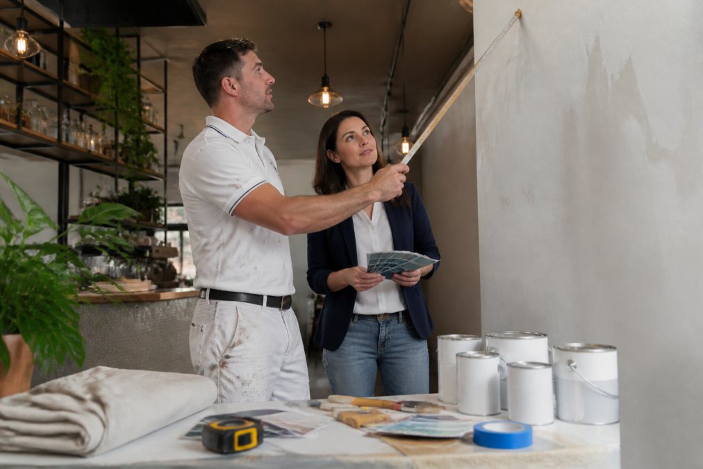 Professional painter discussing color samples with a cafe owner to determine the commercial cafe painting cost.