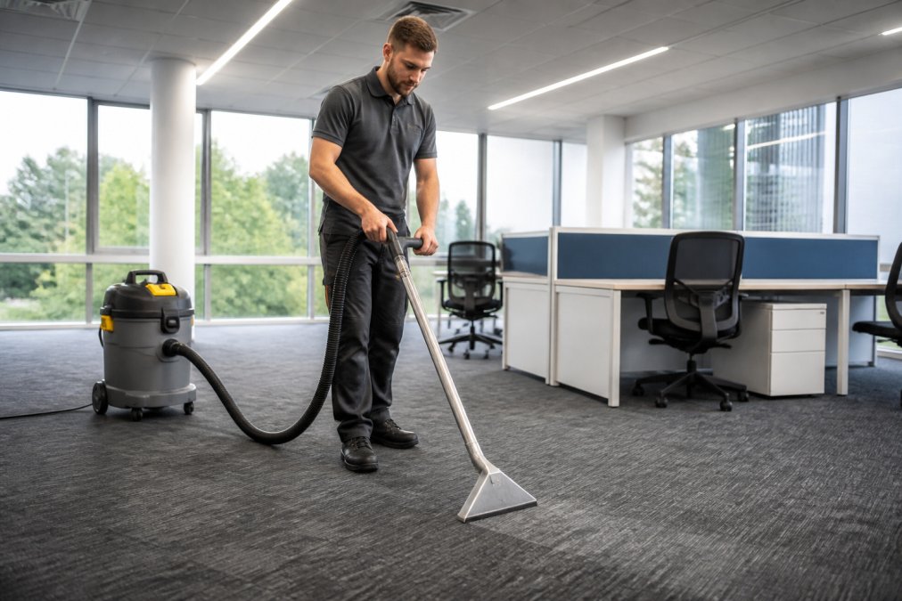 Professional carpet cleaning technician operating industrial hot water extraction equipment on commercial office carpeting, with modern office furniture and large windows visible in the background