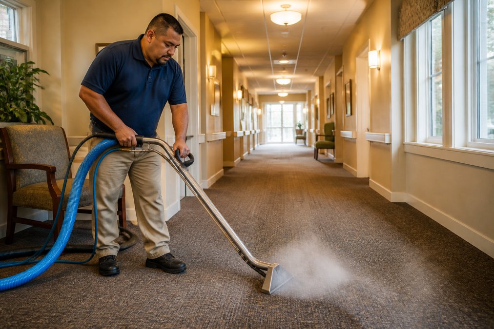 Professional technician operating truck-mounted steam cleaning equipment in a nursing home hallway, extracting dirt and moisture from carpet fibers with visible steam and moisture removal, natural institutional lighting