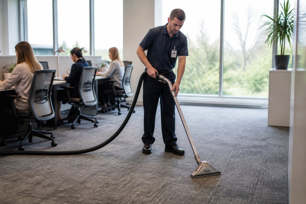 A uniformed carpet cleaning technician using a low-water dry-steam wand on a carpeted office floor while employees work at desks in the background, bright natural light through windows