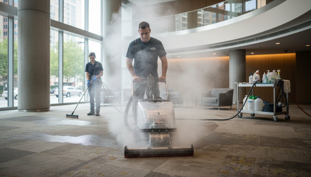 A professional [carpet cleaning](/carpet-cleaning-for-allergy-relief/) technician in uniform operating a truck-mounted hot water extraction machine on a large open-plan commercial office carpet, steam rising visibly from the carpet surface under bright fluorescent lighting