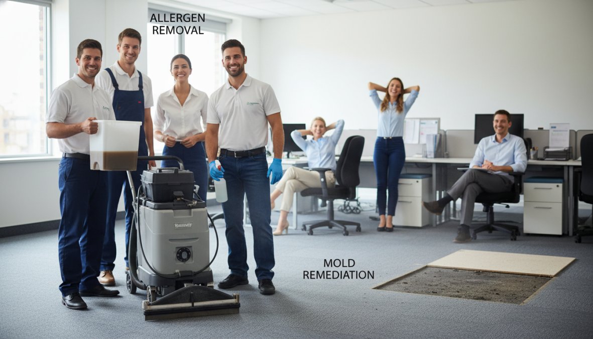 Close-up of a freshly cleaned commercial carpet in a bright modern open-plan office, with employees working comfortably at desks in the background, natural light streaming through floor-to-ceiling windows