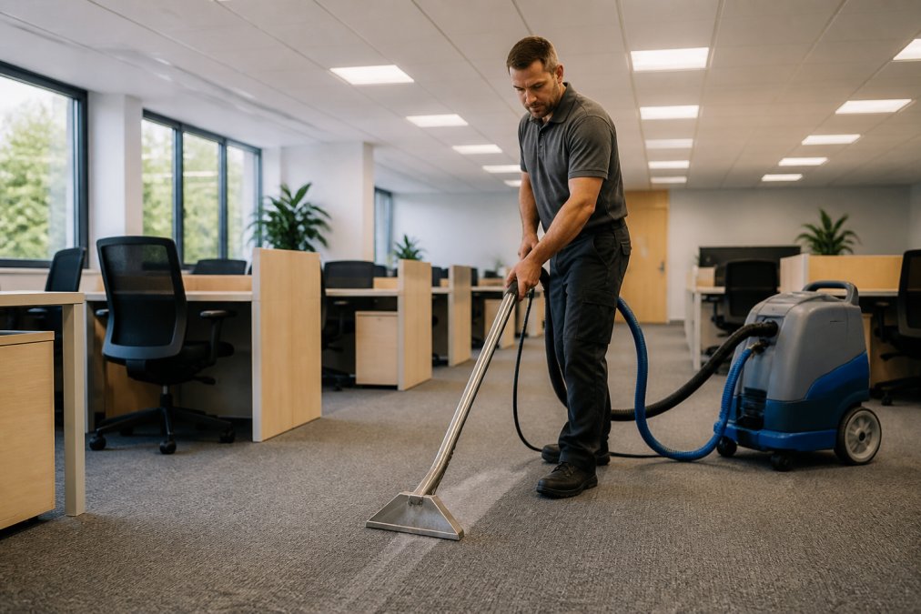 Professional technician using industrial hot water extraction equipment on busy office carpet with multiple workstations visible in the background, bright office lighting
