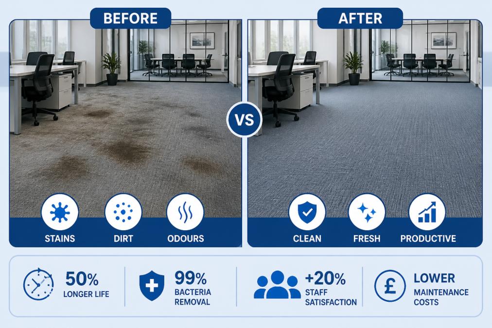 Split-screen comparison showing left side with soiled, stained carpet in commercial space; right side showing same carpet restored to pristine condition with natural office lighting