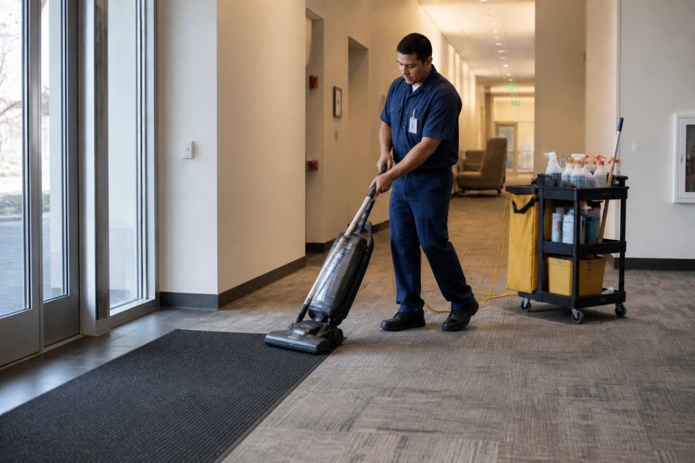 Janitorial worker vacuuming an office hallway to support commercial carpet maintenance routines