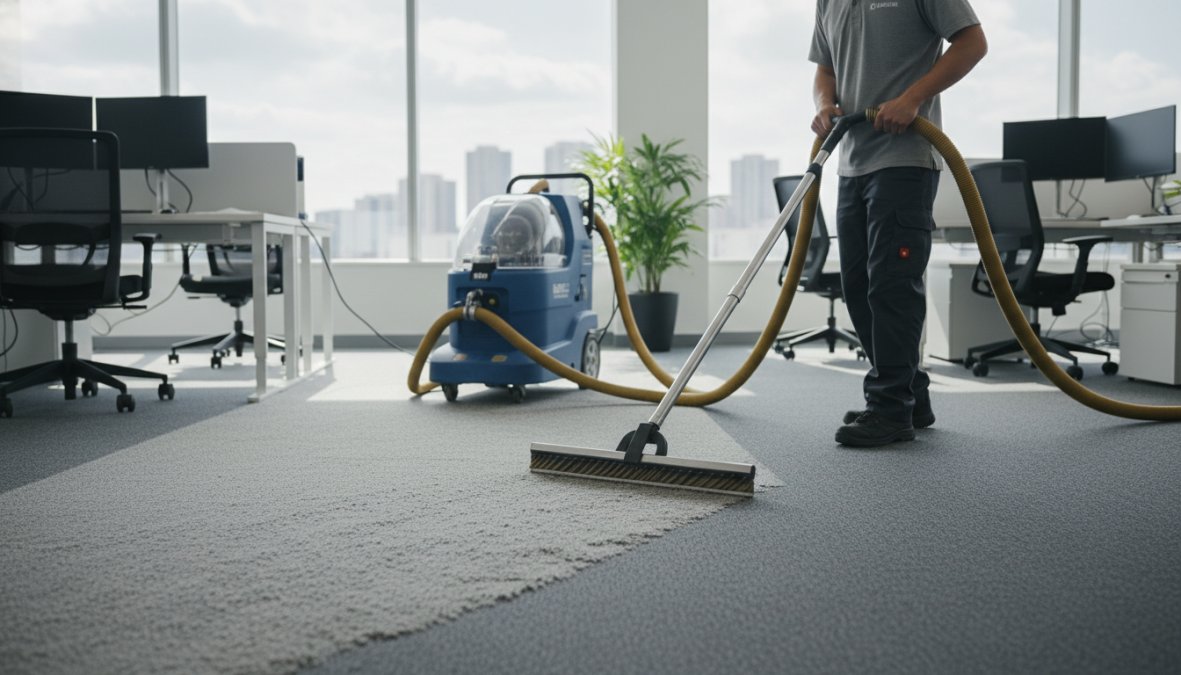 A professional carpet cleaning technician operating a truck-mounted hot water extraction machine in a bright commercial office space, with clean carpet visible behind the cleaning wand
