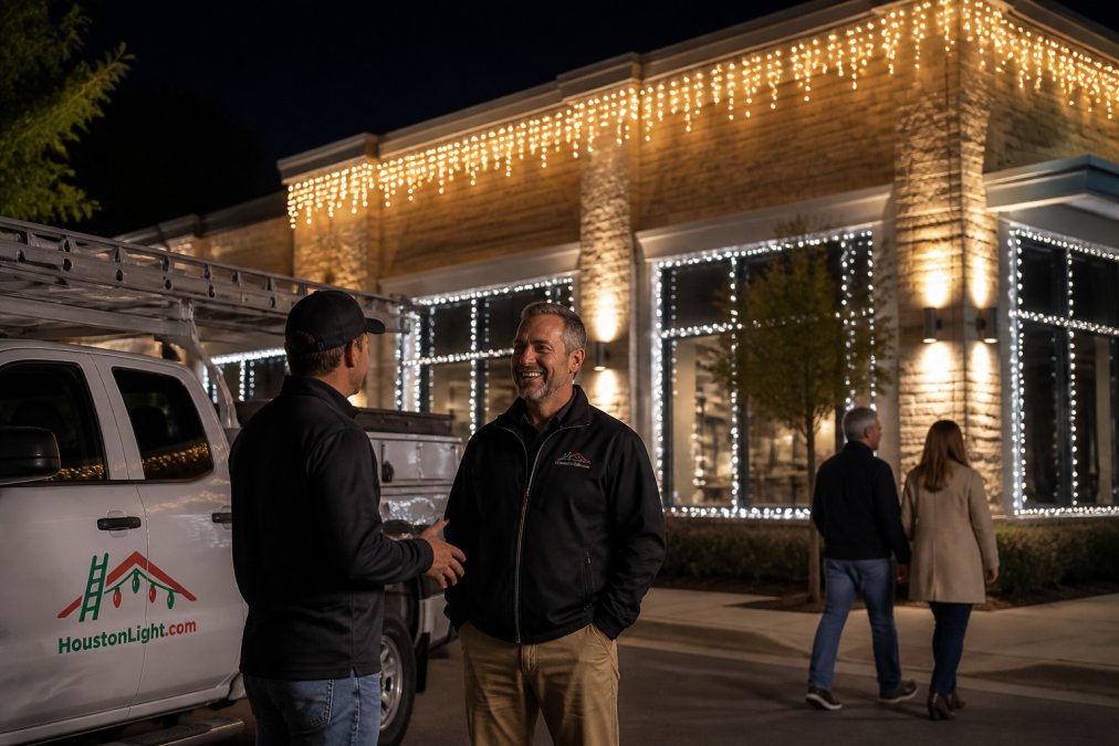 Professional retail storefront at night featuring warm white LED icicle lights draped along roofline, cool white mini lights creating window frame accents, and uplighting illuminating storefront columns and signage, creating layered visual depth and curb appeal
