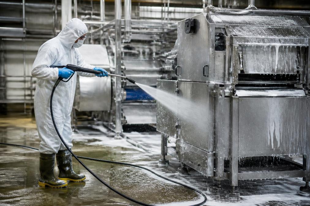 Professional cleaning crew using high-pressure washing equipment on industrial machinery in a manufacturing facility, with protective gear and safety equipment visible