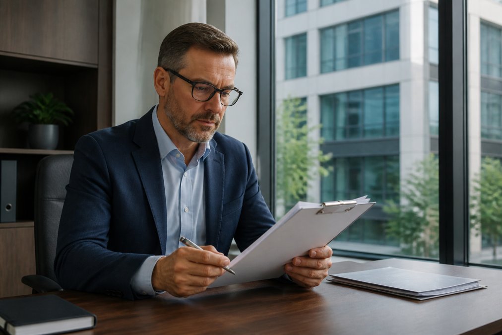 Facility manager reviewing commercial cleaning quotes at a desk in a bright, modern office building