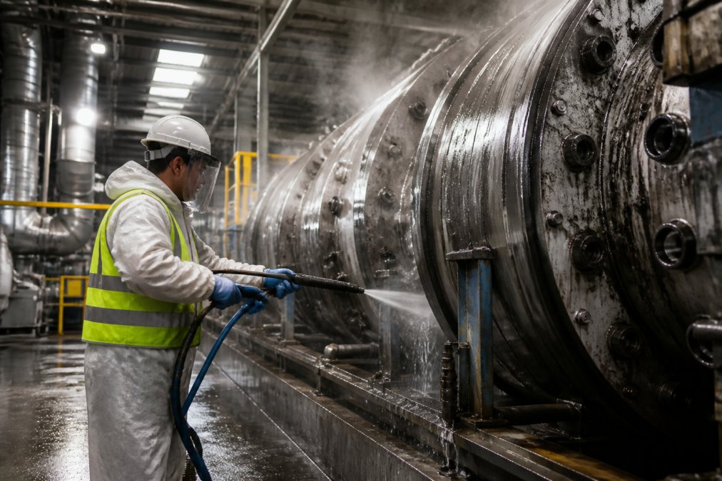 Professional cleaning crew in safety gear performing industrial degreasing on large manufacturing equipment in a metal-heavy facility with proper ventilation