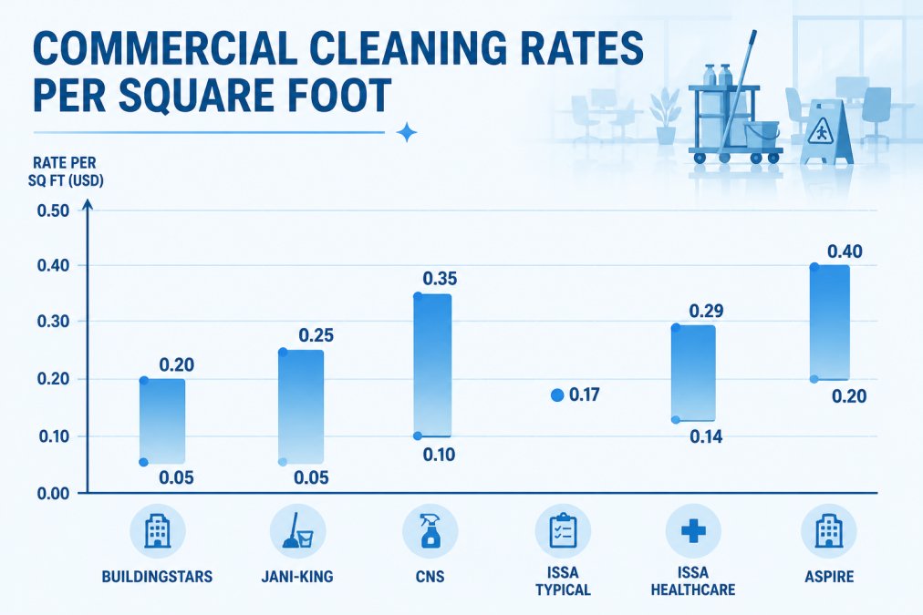 Bar chart comparing per-square-foot rates for commercial cleaning service pricing guide providers and industry averages.