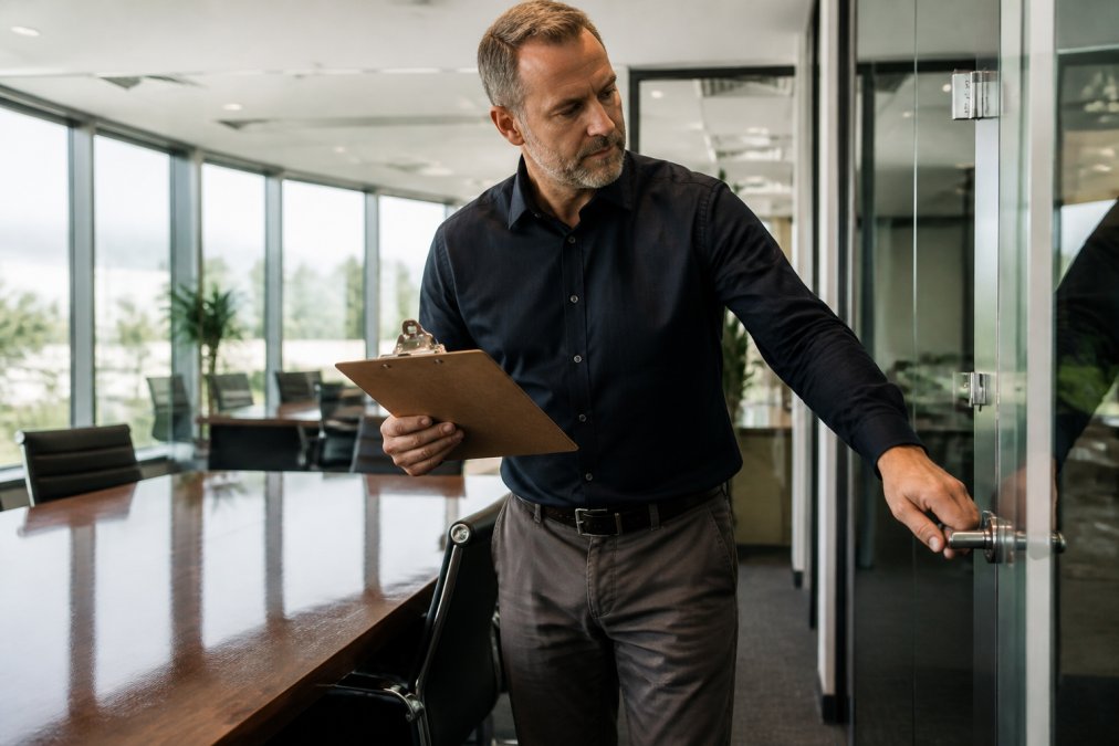 Professional facility manager conducting visual inspection of clean office space, checking conference table surfaces and door handles with clipboard in modern corporate office with natural lighting