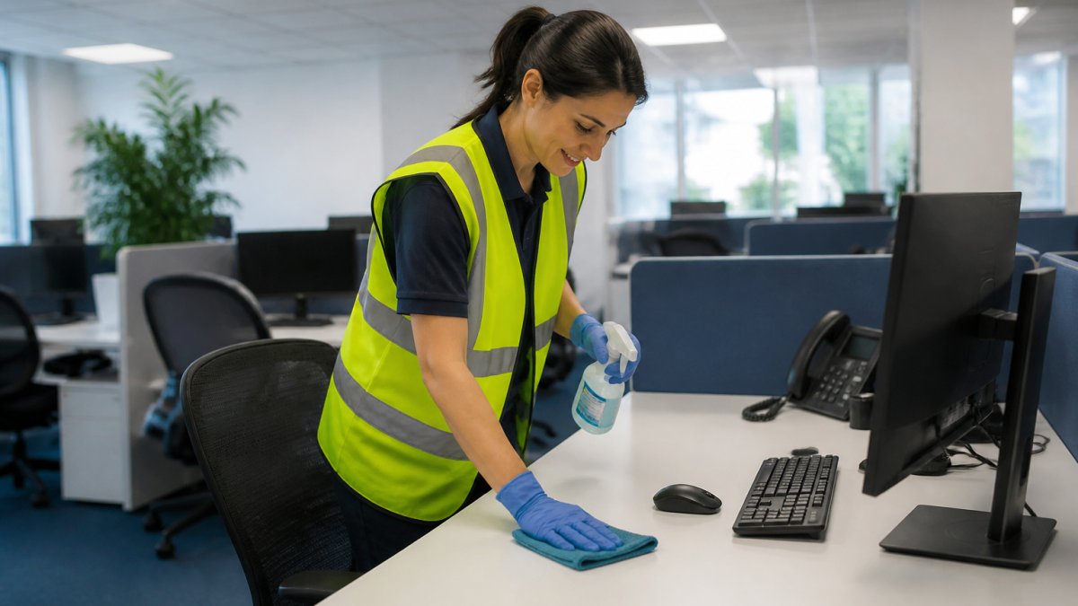 Professional cleaner in high-visibility uniform cleaning a modern office desk with microfibre cloth and spray bottle, with computer monitor and organised workspace visible