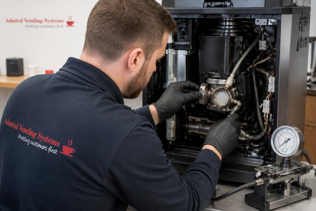 Technician in professional uniform inspecting internal components of a commercial bean to cup coffee machine, carefully examining the group head assembly and heating element with focused attention